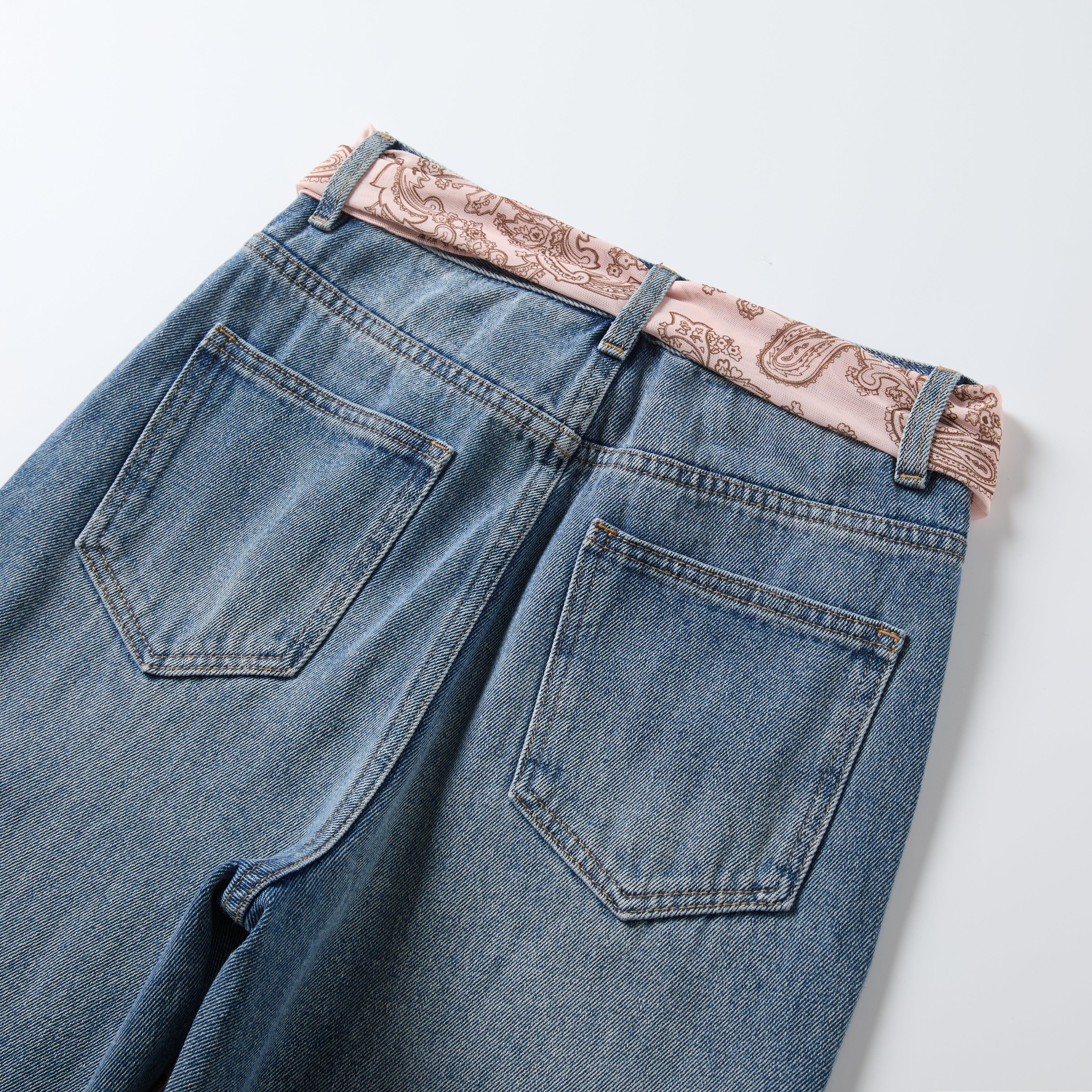 Blue Denim Jean with Pink Paisley Belt