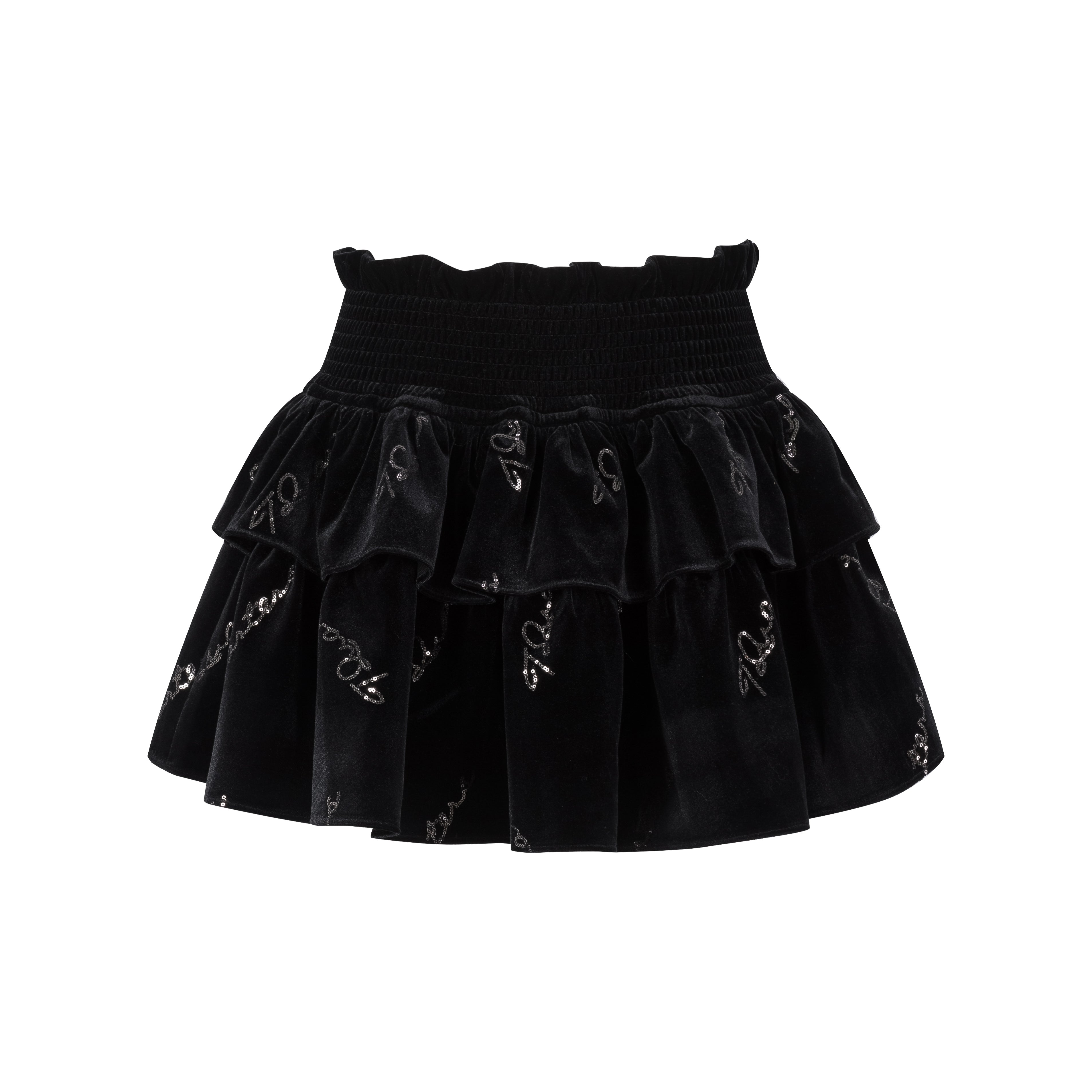 Black Velvet Embroidered Puff Skirt