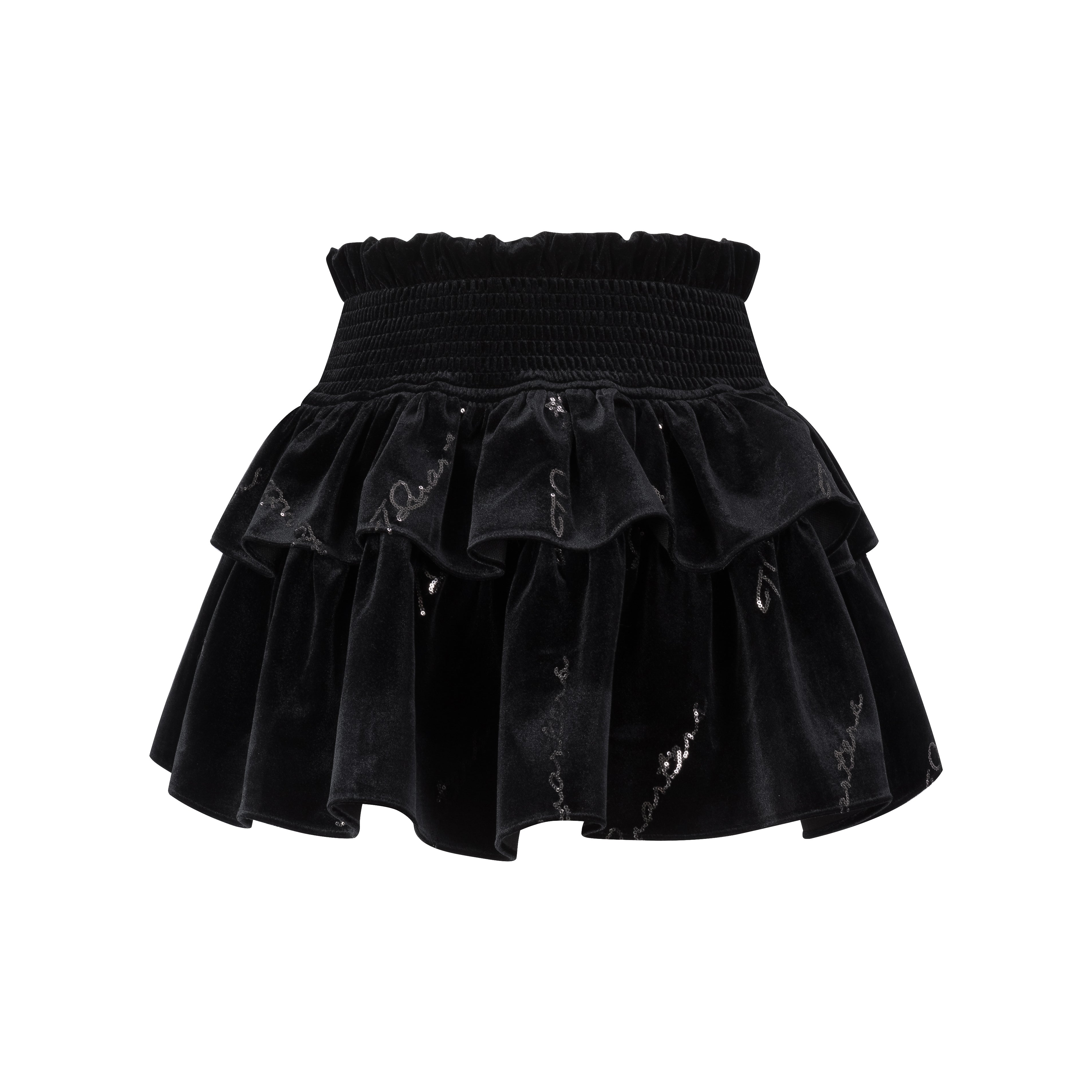 Black Velvet Embroidered Puff Skirt