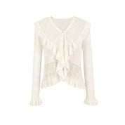 White Ruffled V-neck Hollow Cardigan