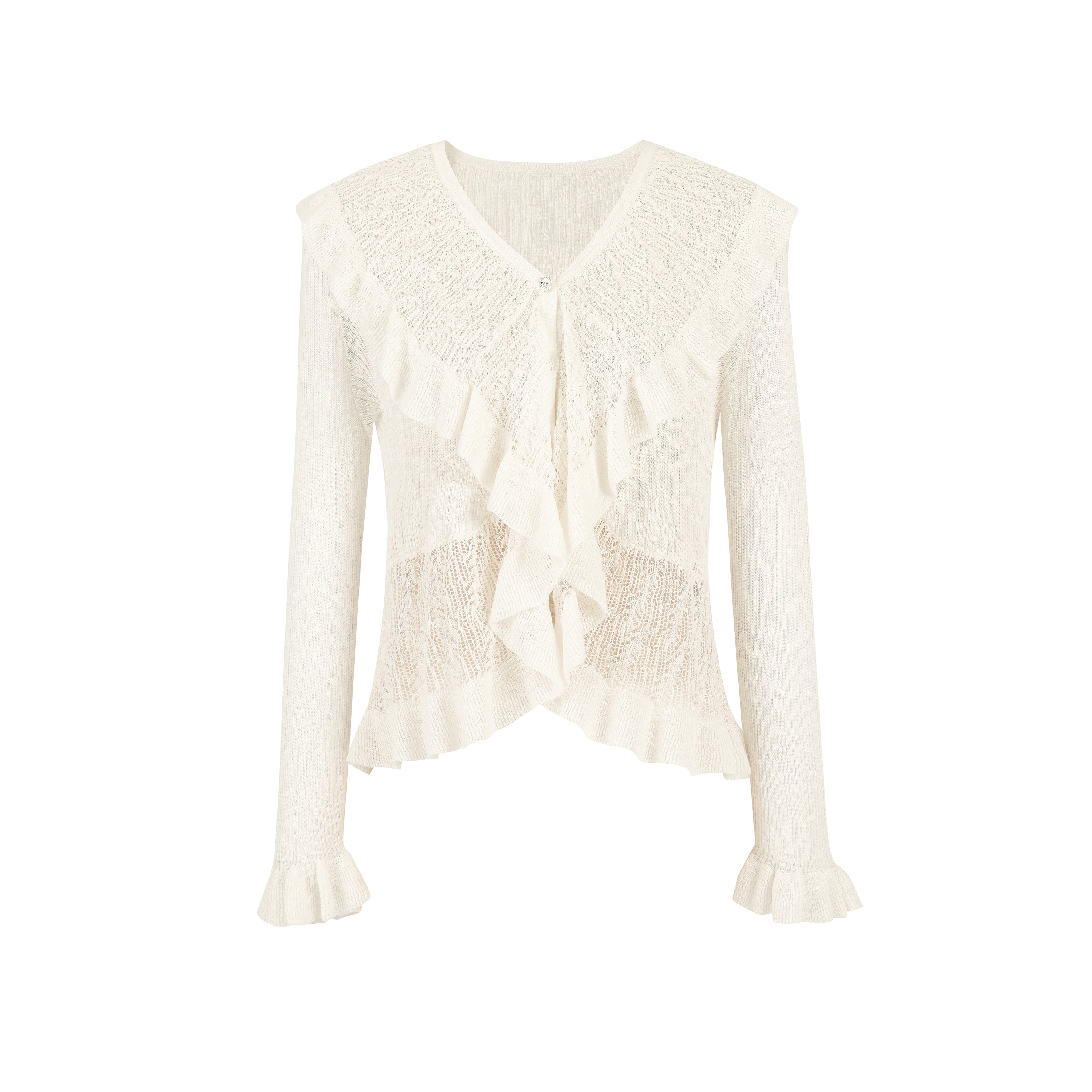 White Ruffled V-neck Hollow Cardigan