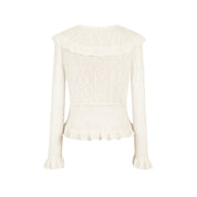 White Ruffled V-neck Hollow Cardigan