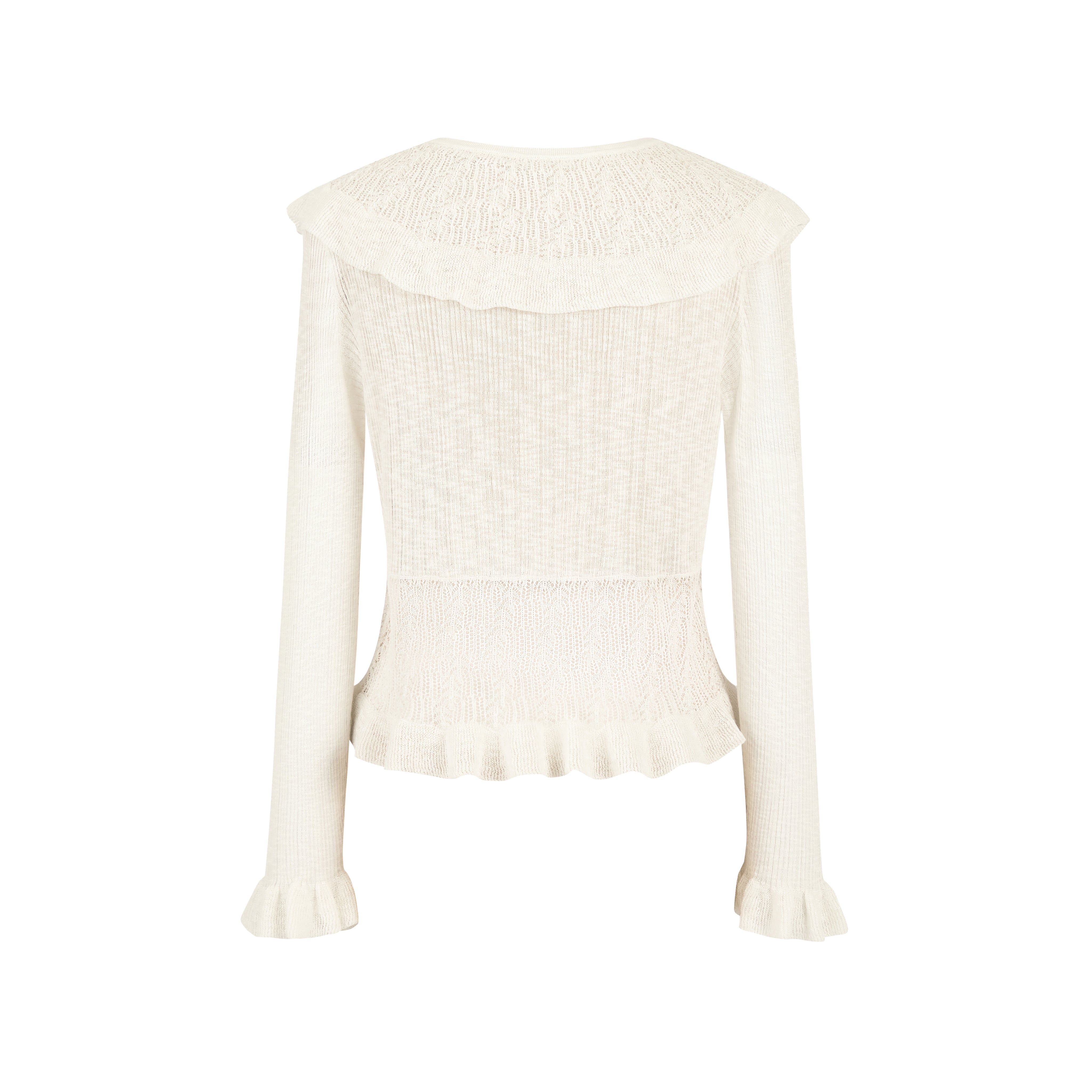 White Ruffled V-neck Hollow Cardigan