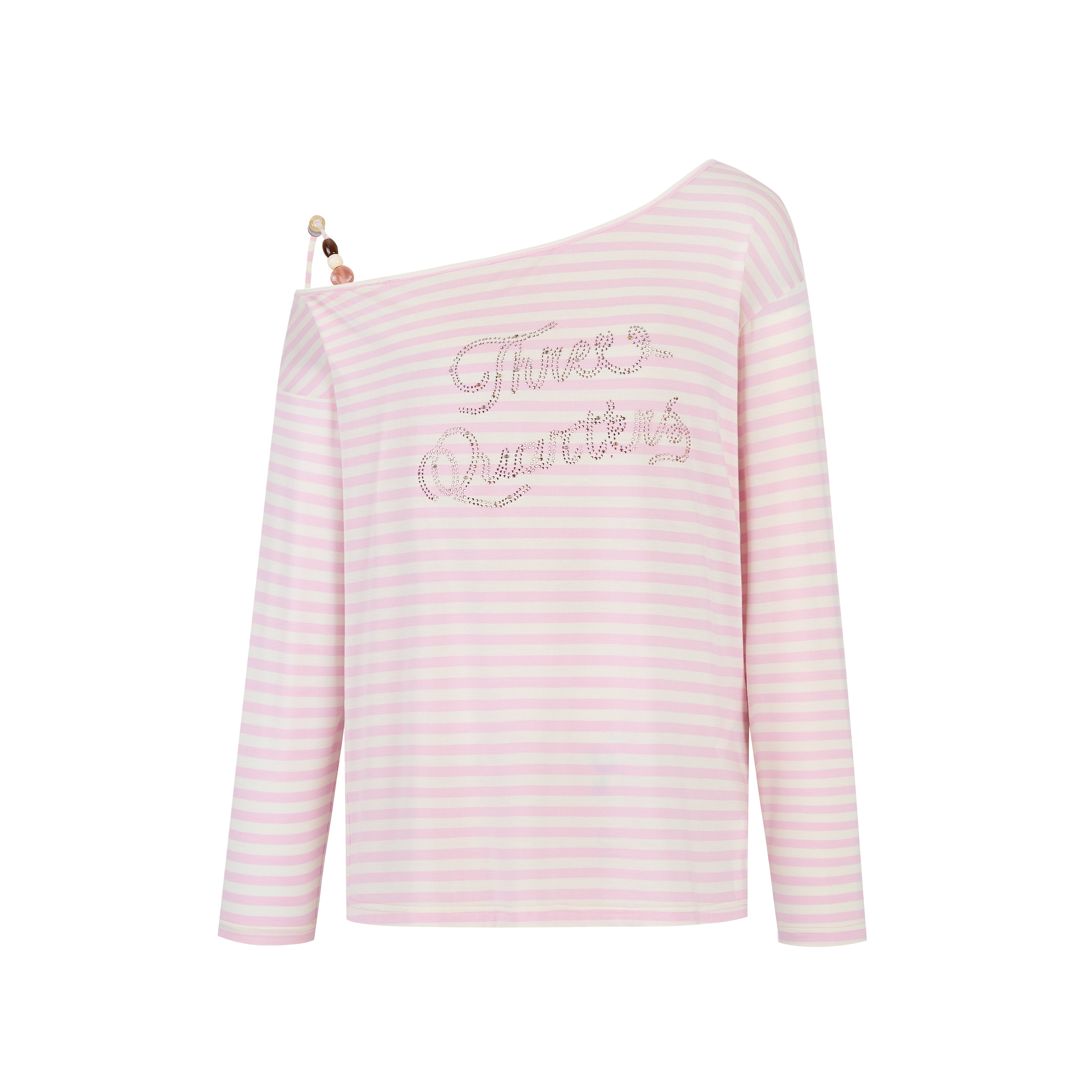 Pink Beaded Off-shoulder Long Sleeve Top