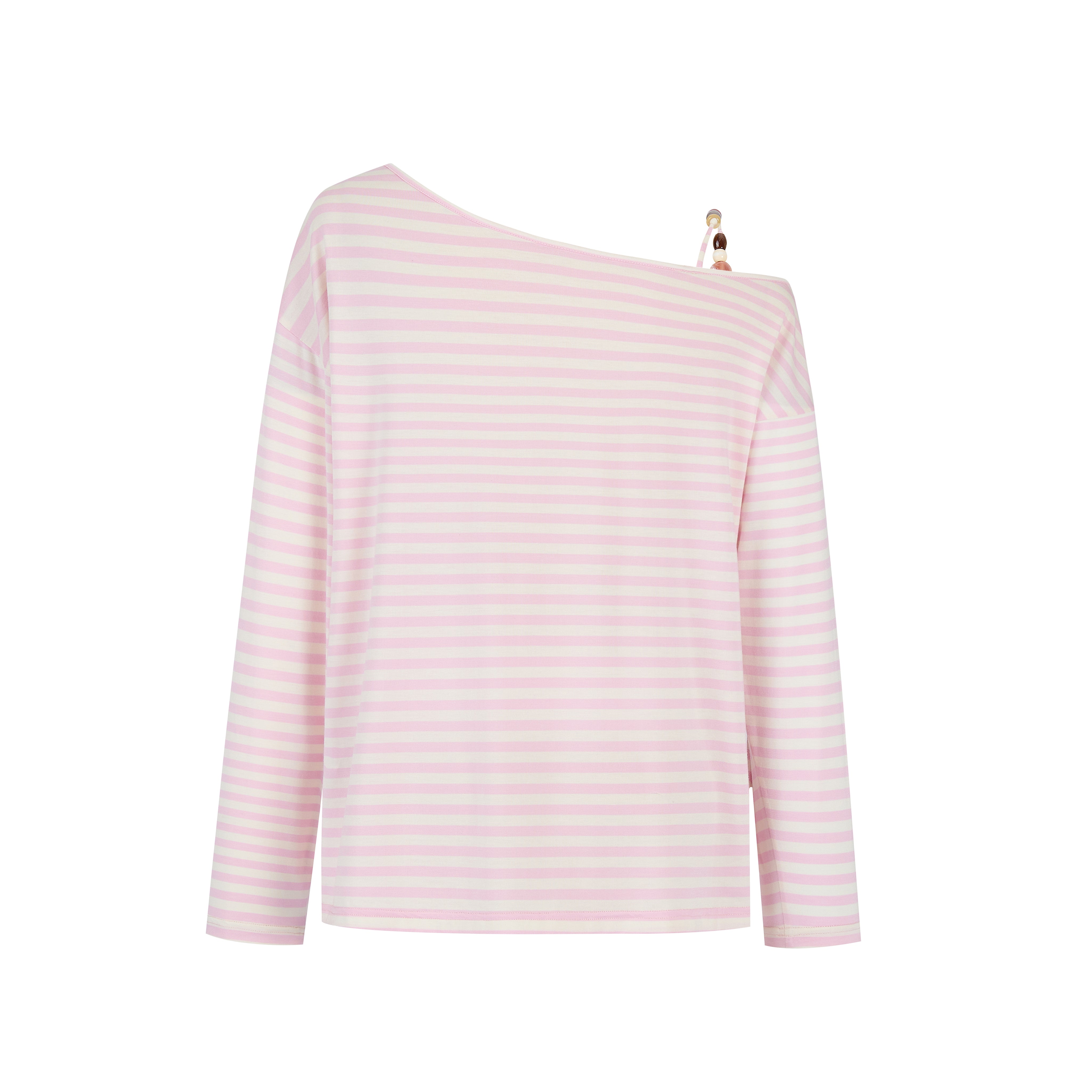 Pink Beaded Off-shoulder Long Sleeve Top