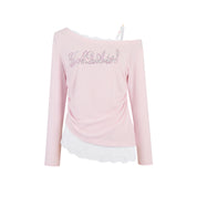 Pink Lace Off-shoulder Rhinestone T-shirt
