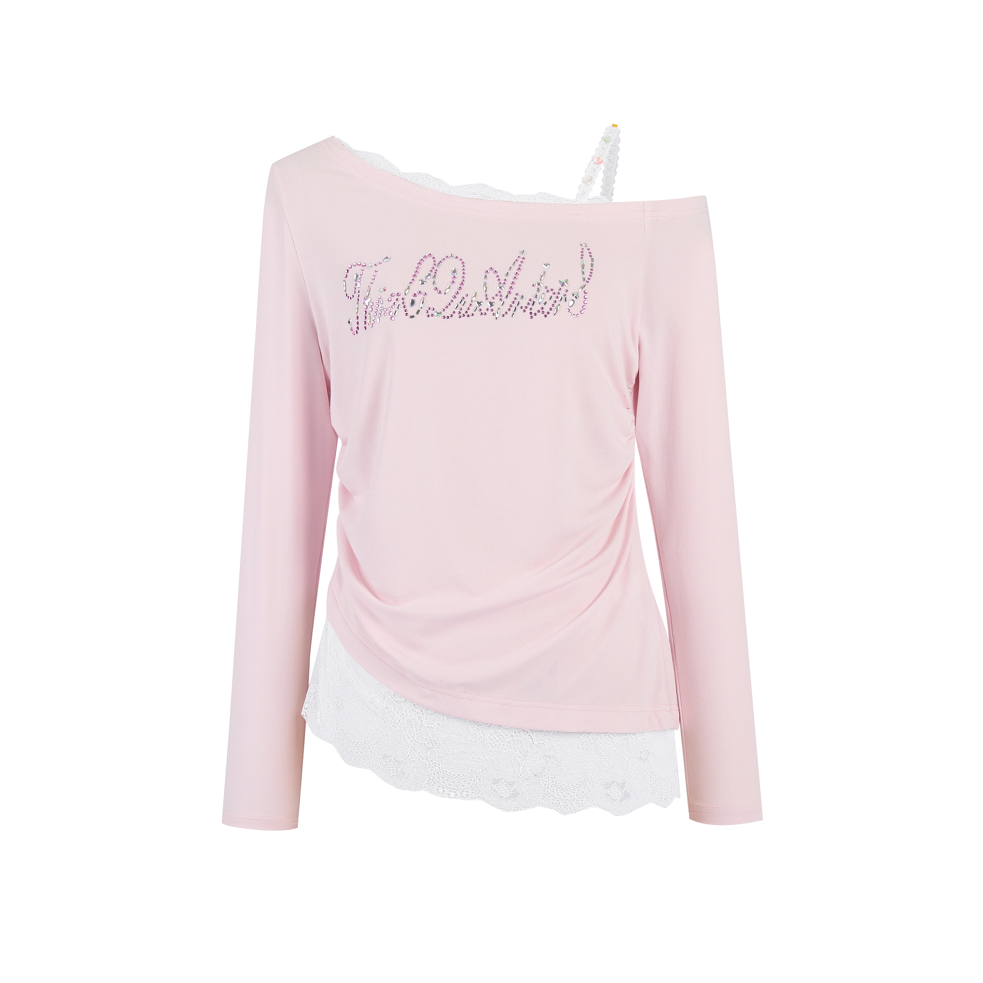 Pink Lace Off-shoulder Rhinestone T-shirt