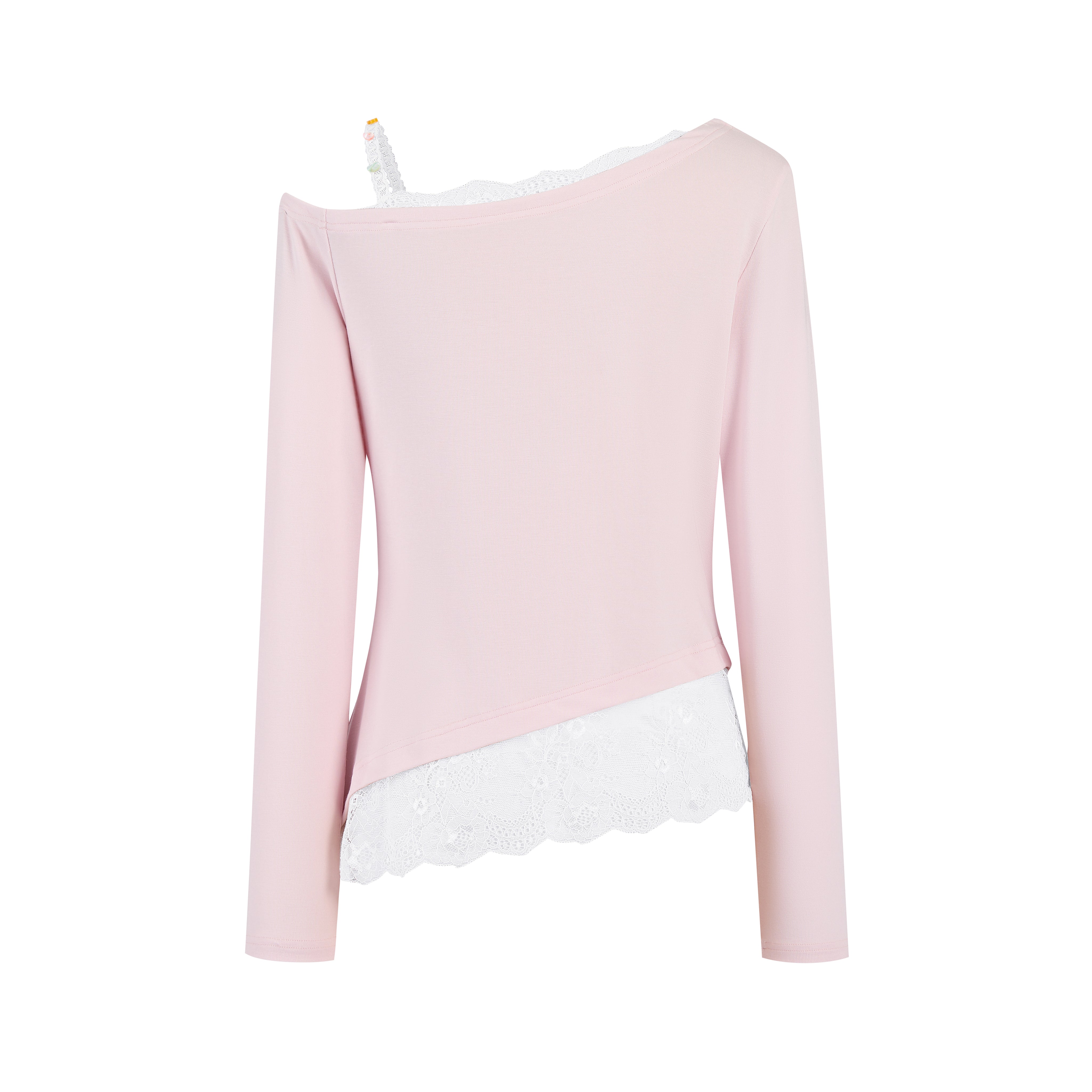 Pink Lace Off-shoulder Rhinestone T-shirt