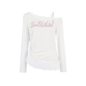White Lace Off-shoulder Rhinestone T-shirt