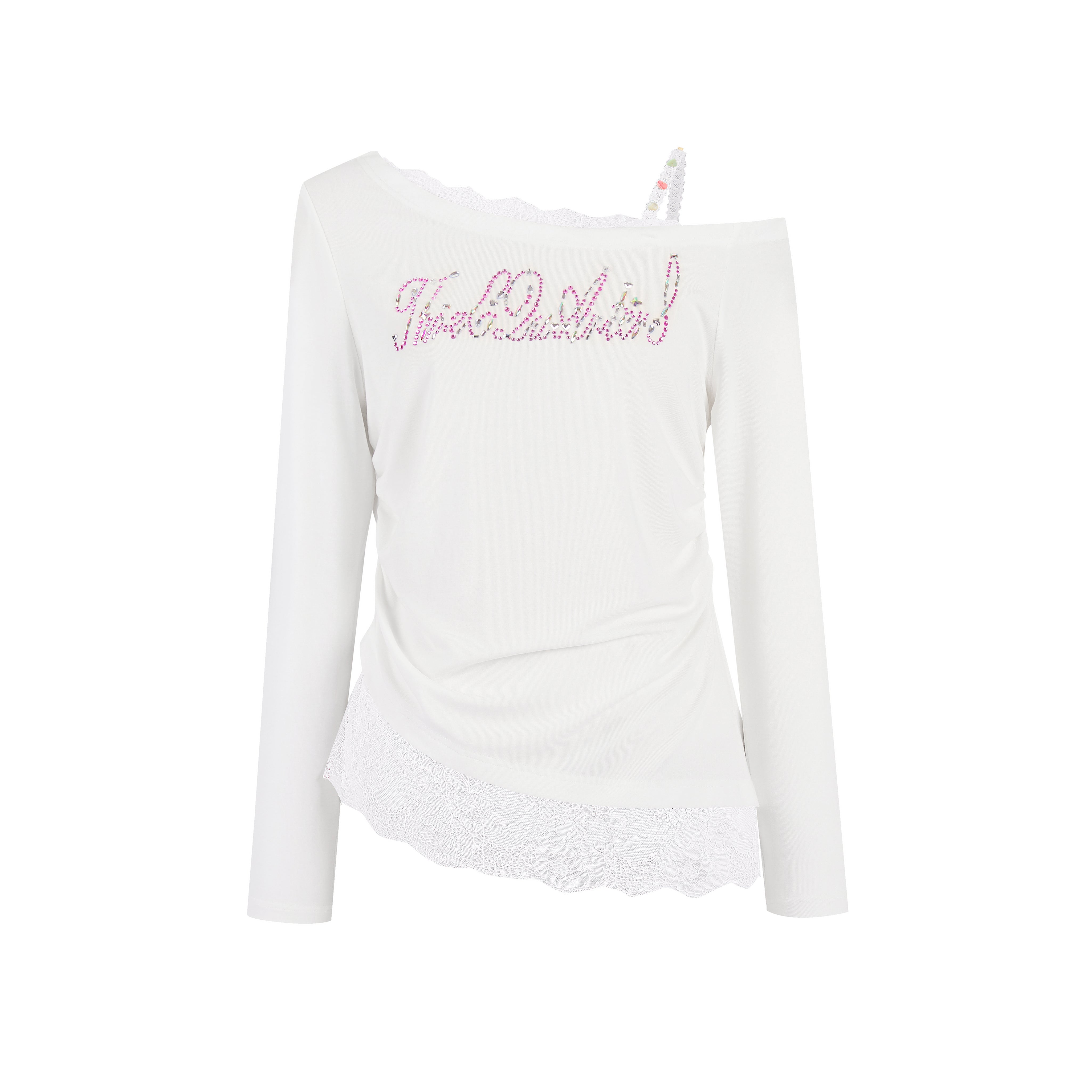White Lace Off-shoulder Rhinestone T-shirt