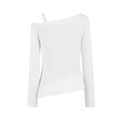 White Lace Off-shoulder Rhinestone T-shirt