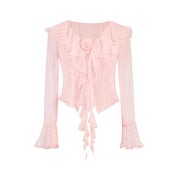Pink Silk Flower Ruffled Cardigan