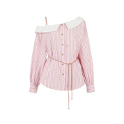 Pink Embroidered Off-Shoulder Striped Shirt