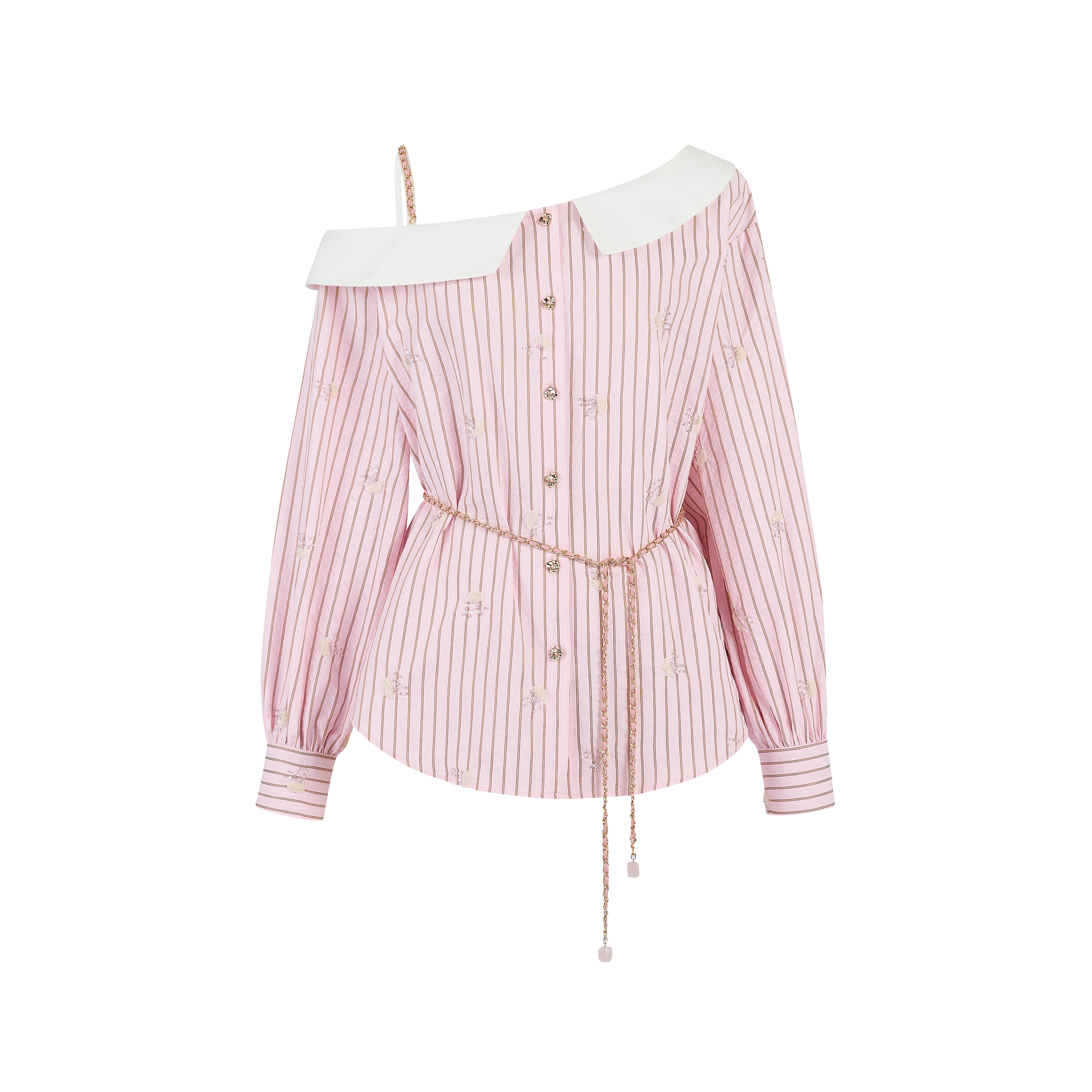 Pink Embroidered Off-Shoulder Striped Shirt