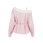 Pink Embroidered Off-Shoulder Striped Shirt