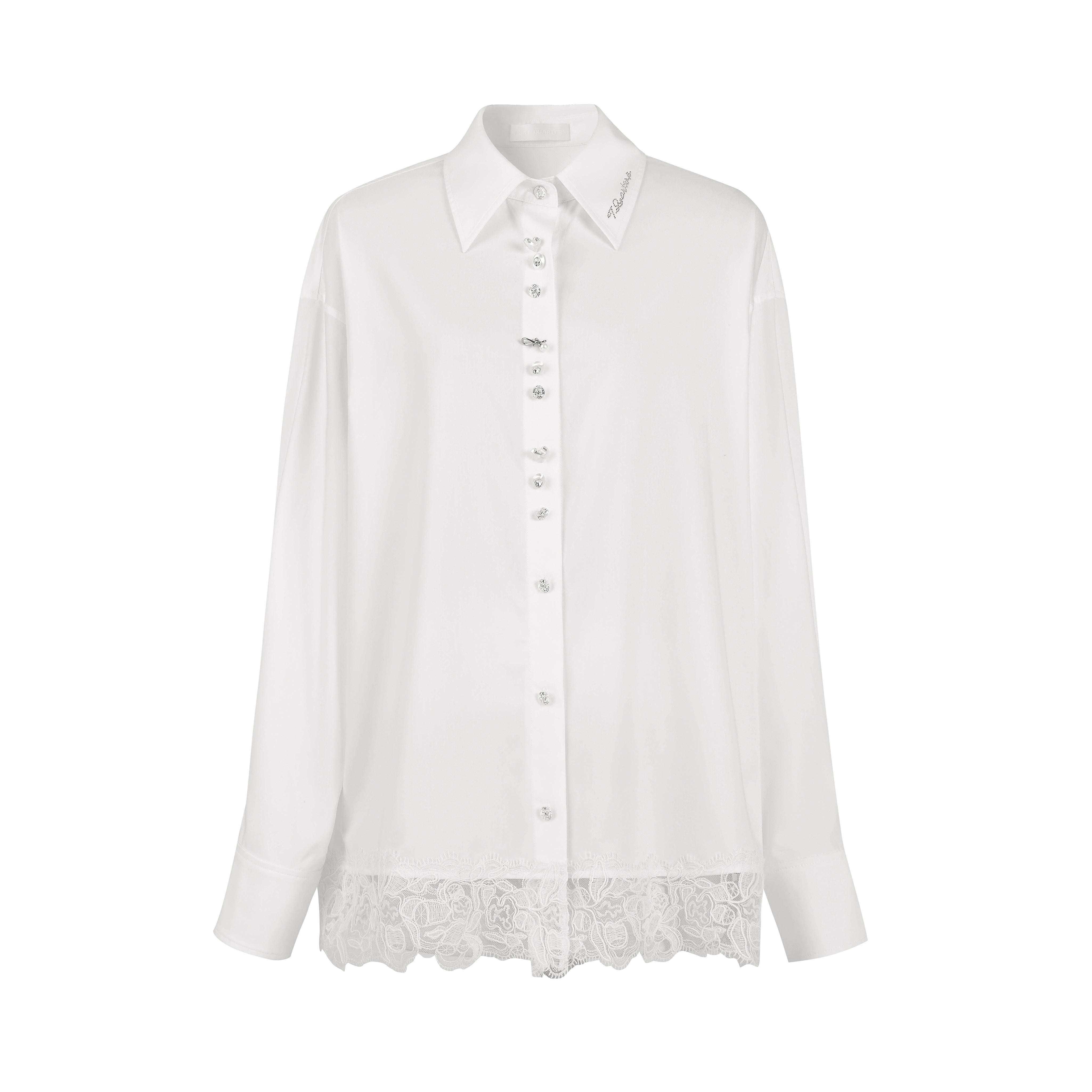 White Shaped Button Lace Loose Shirt