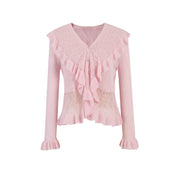 Pink Ruffled V-neck Hollow Cardigan