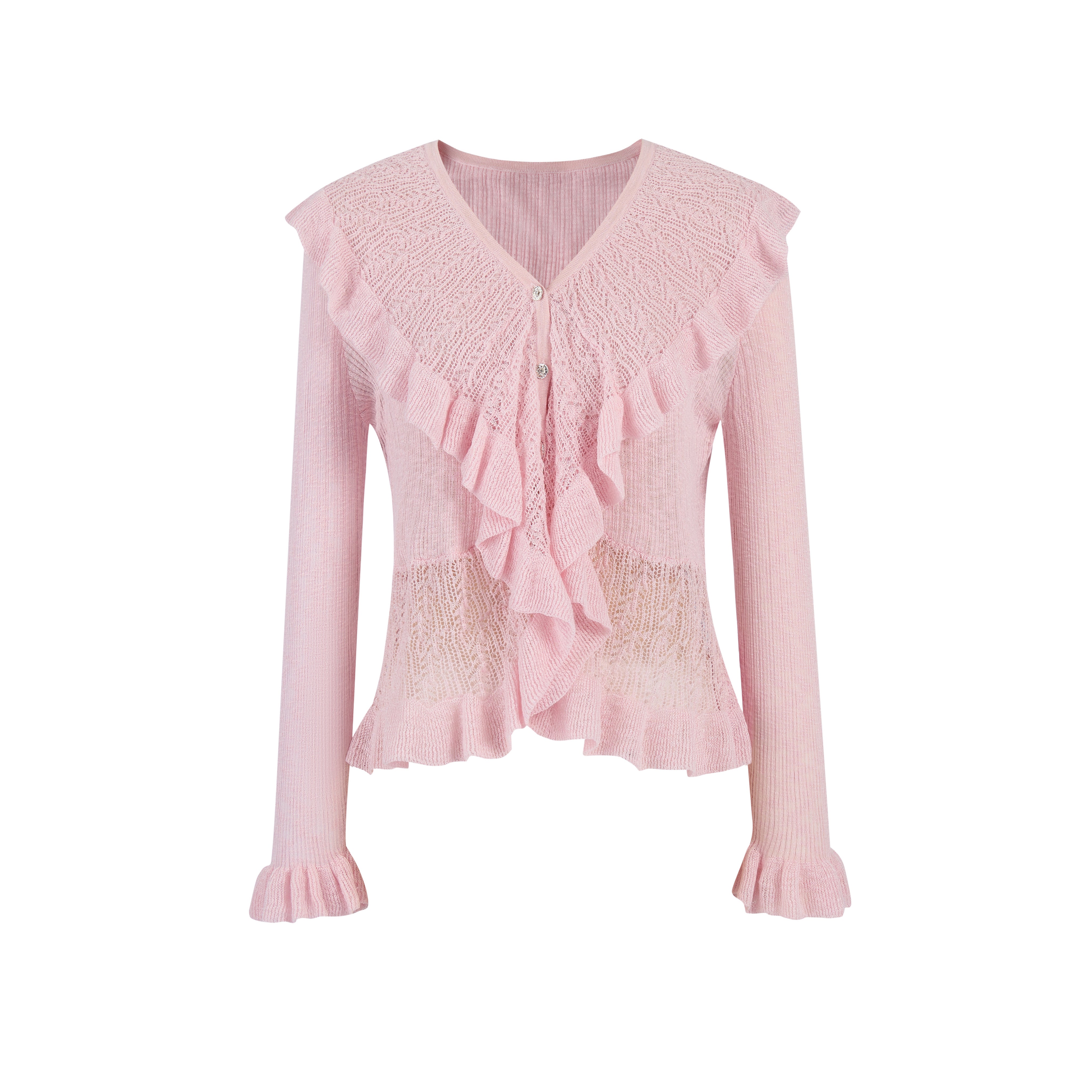 Pink Ruffled V-neck Hollow Cardigan