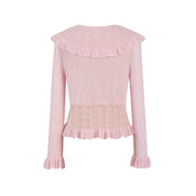 Pink Ruffled V-neck Hollow Cardigan