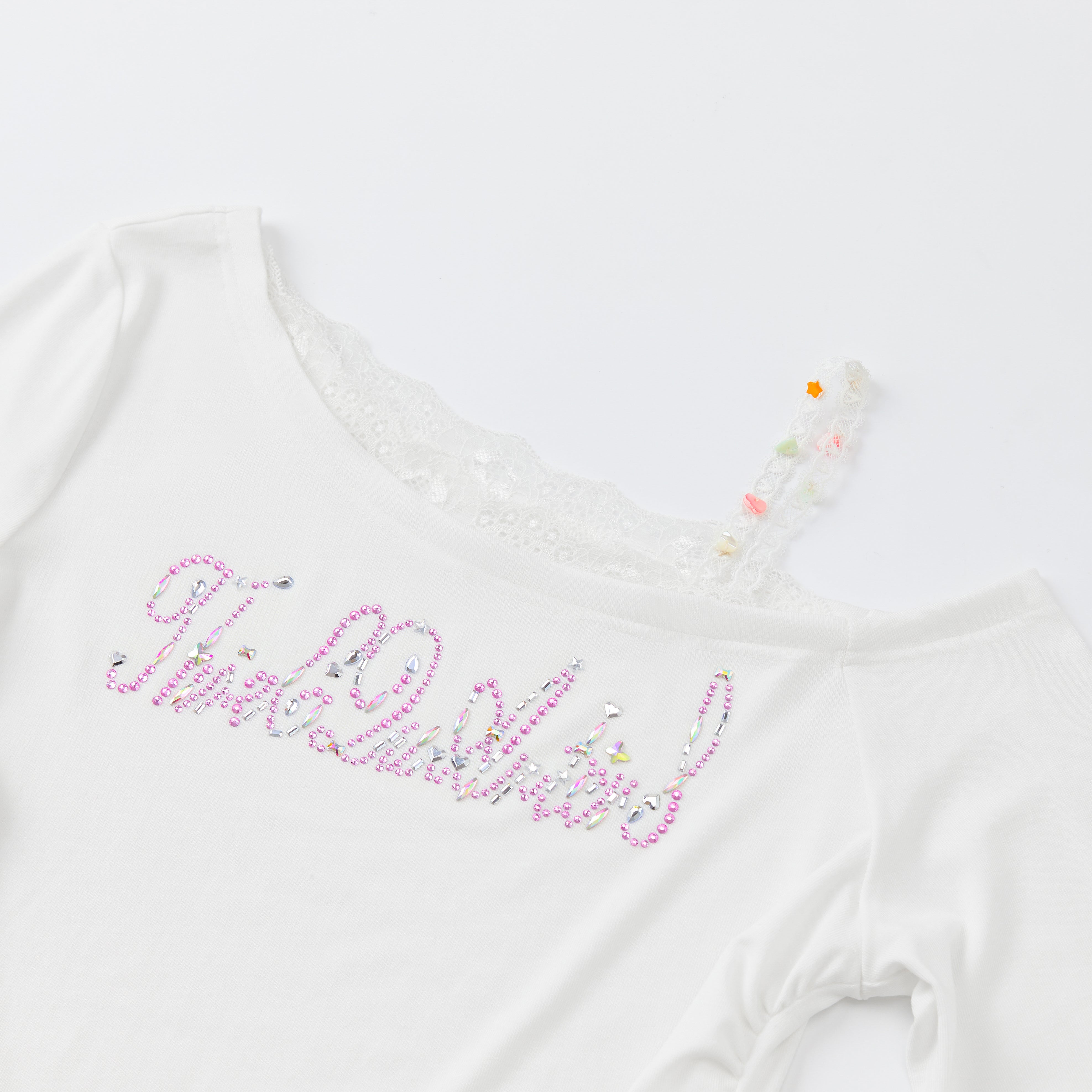 White Lace Off-shoulder Rhinestone T-shirt