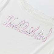White Lace Off-shoulder Rhinestone T-shirt