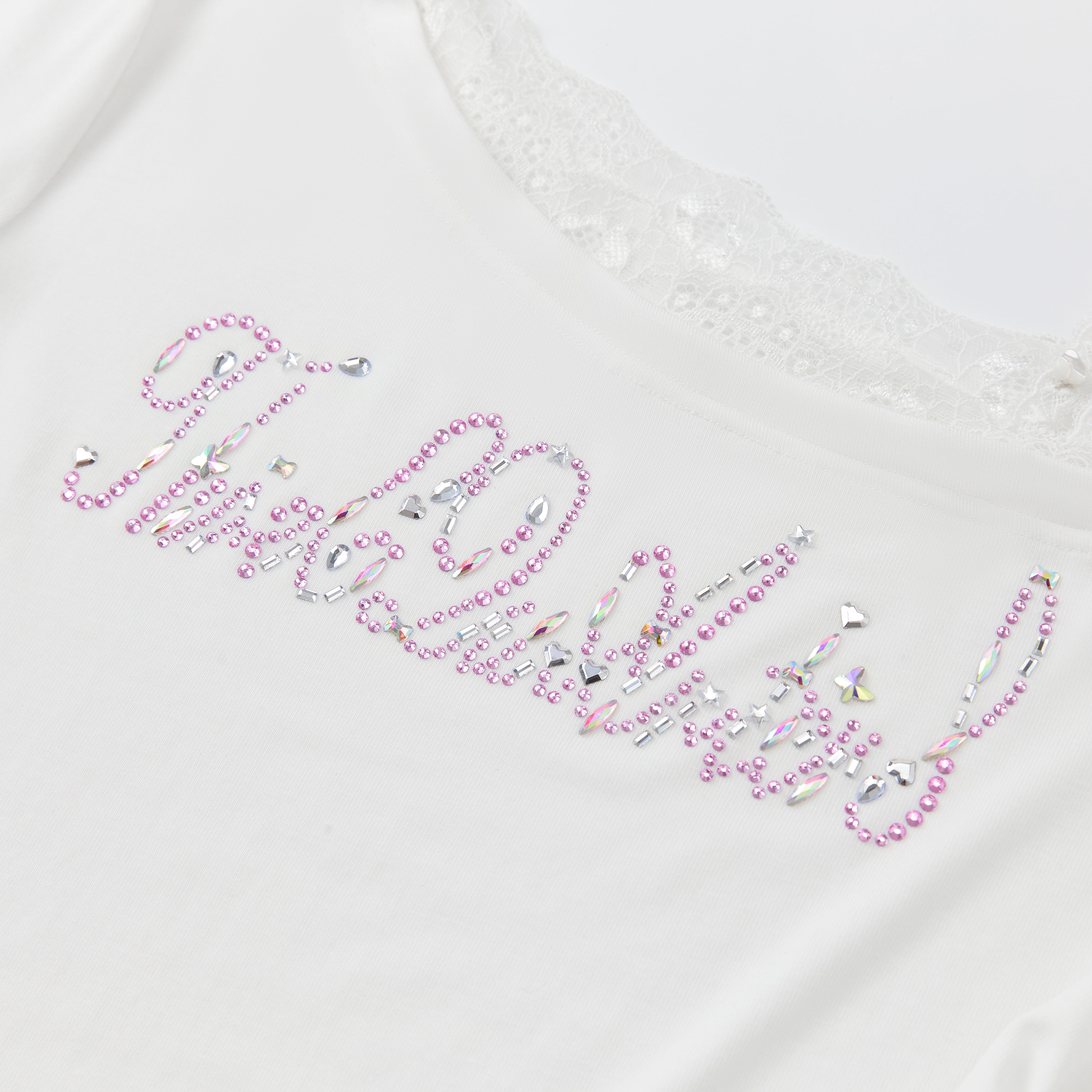 White Lace Off-shoulder Rhinestone T-shirt