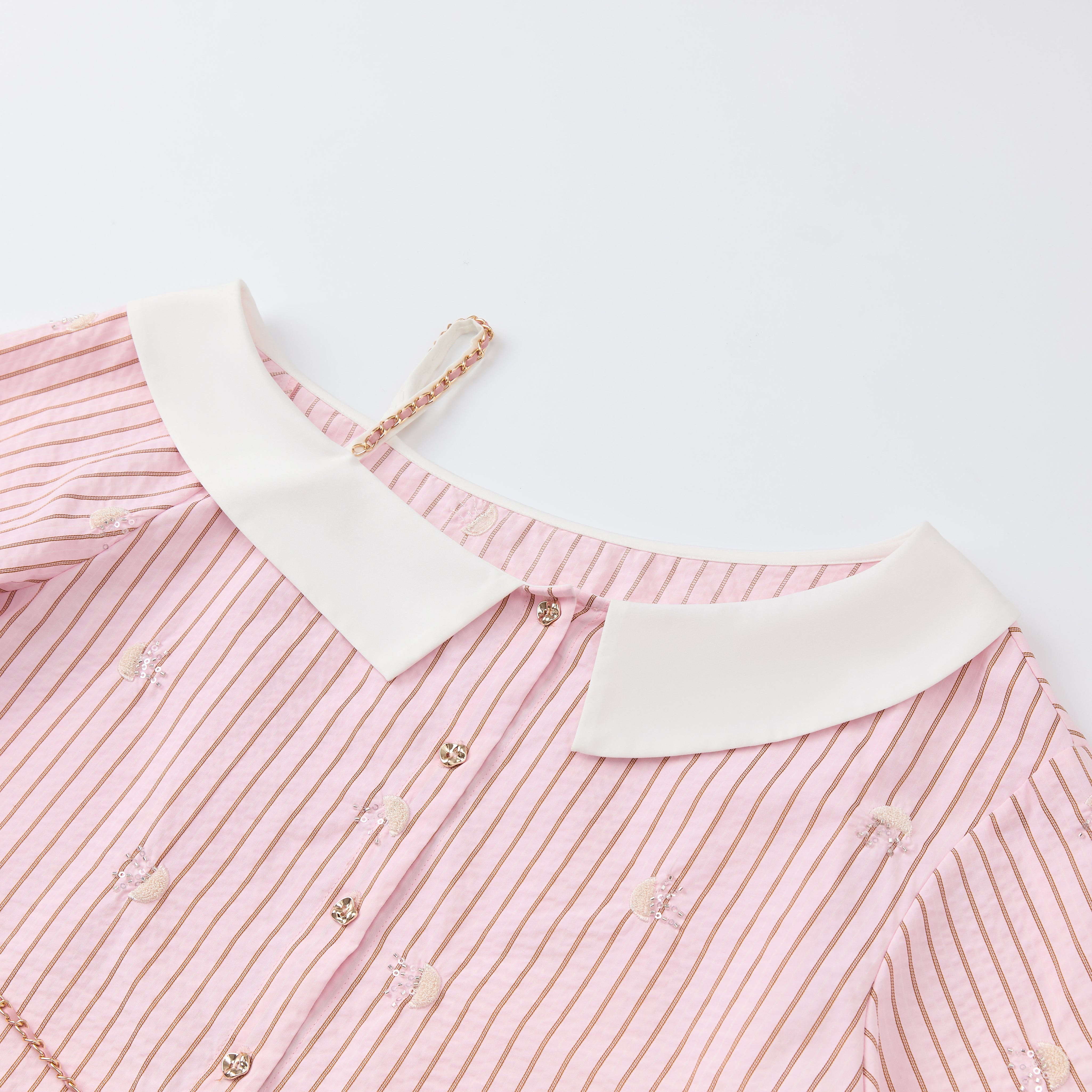 Pink Embroidered Off-Shoulder Striped Shirt