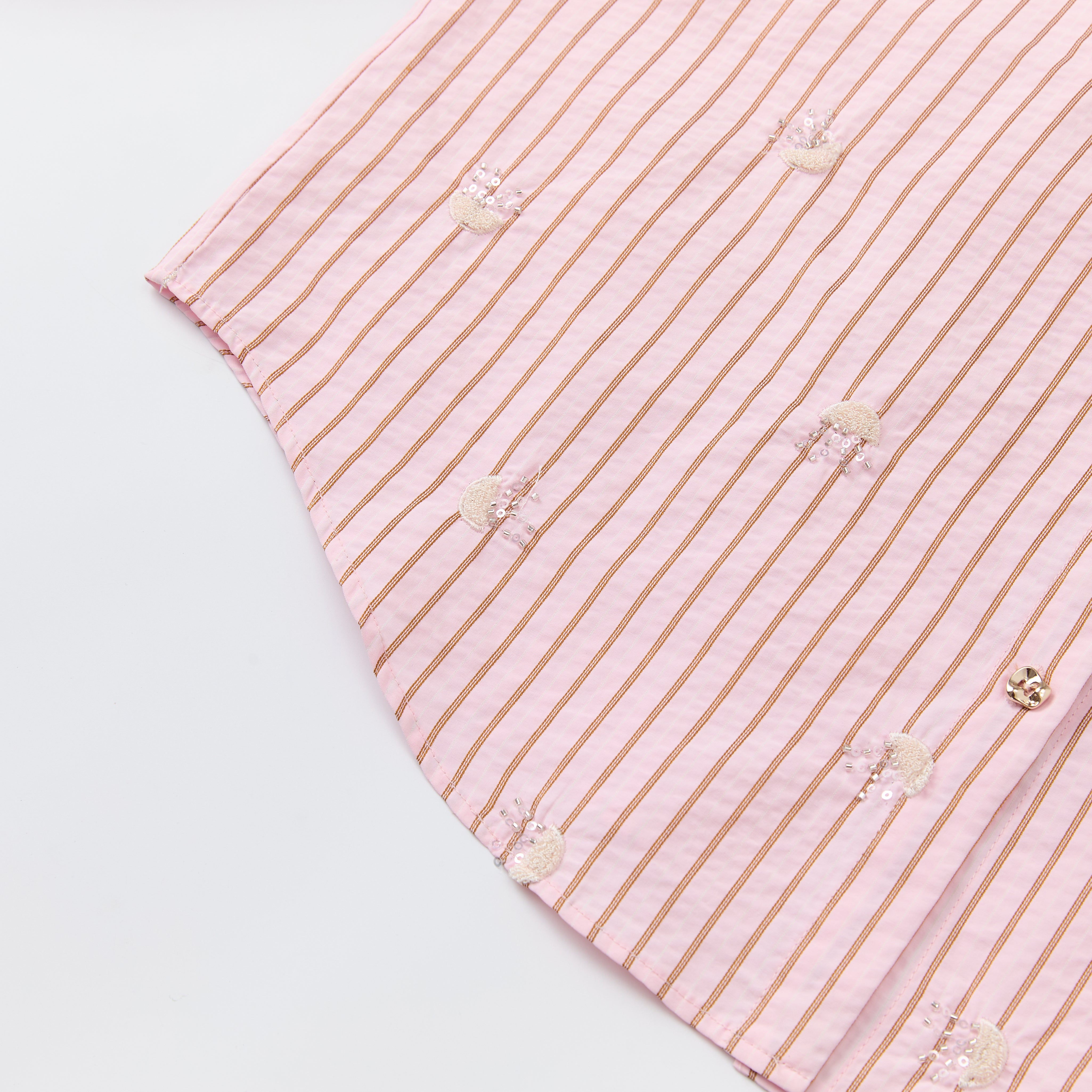 Pink Embroidered Off-Shoulder Striped Shirt