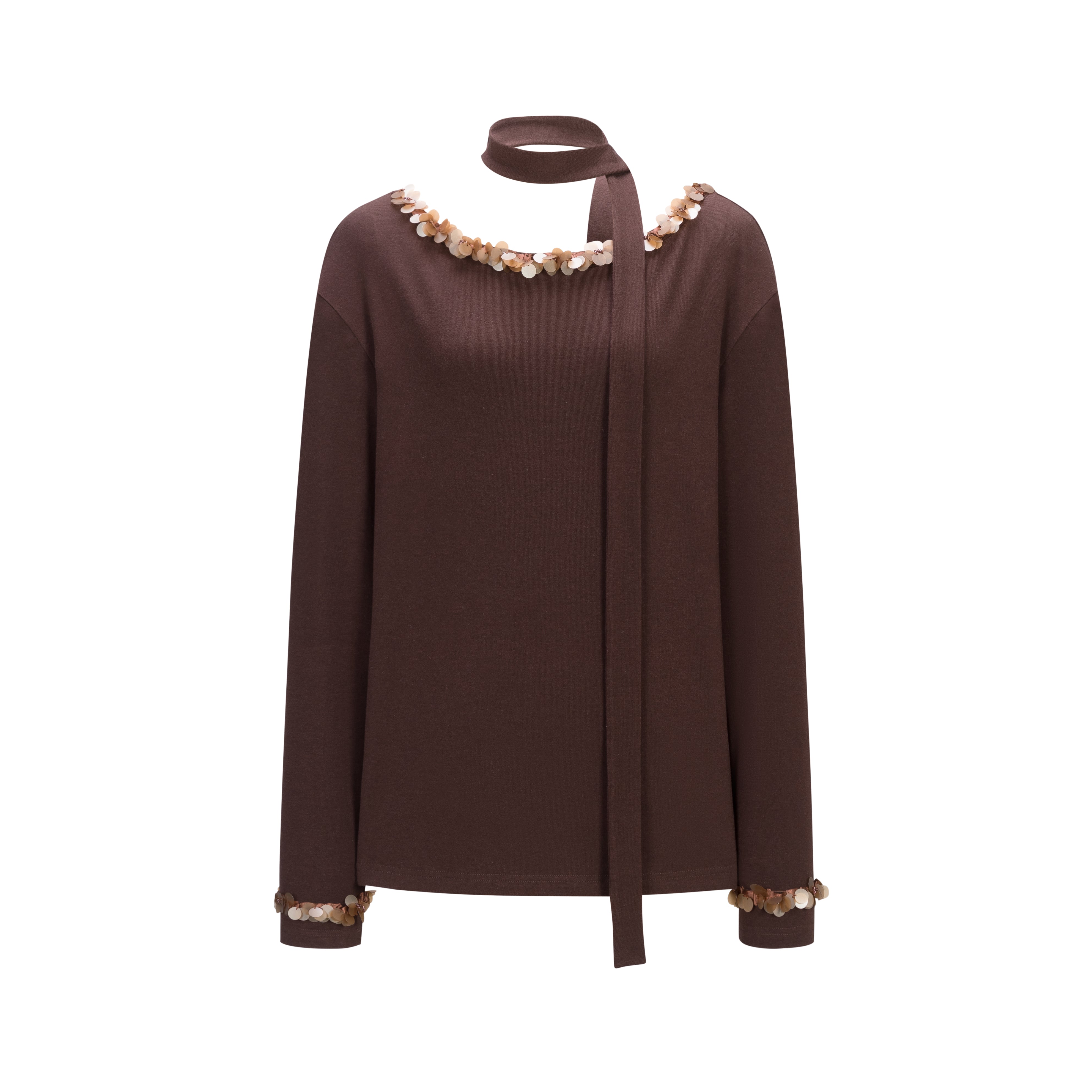 Brown Ribbon Off-shoulder Tencel Sequin Top