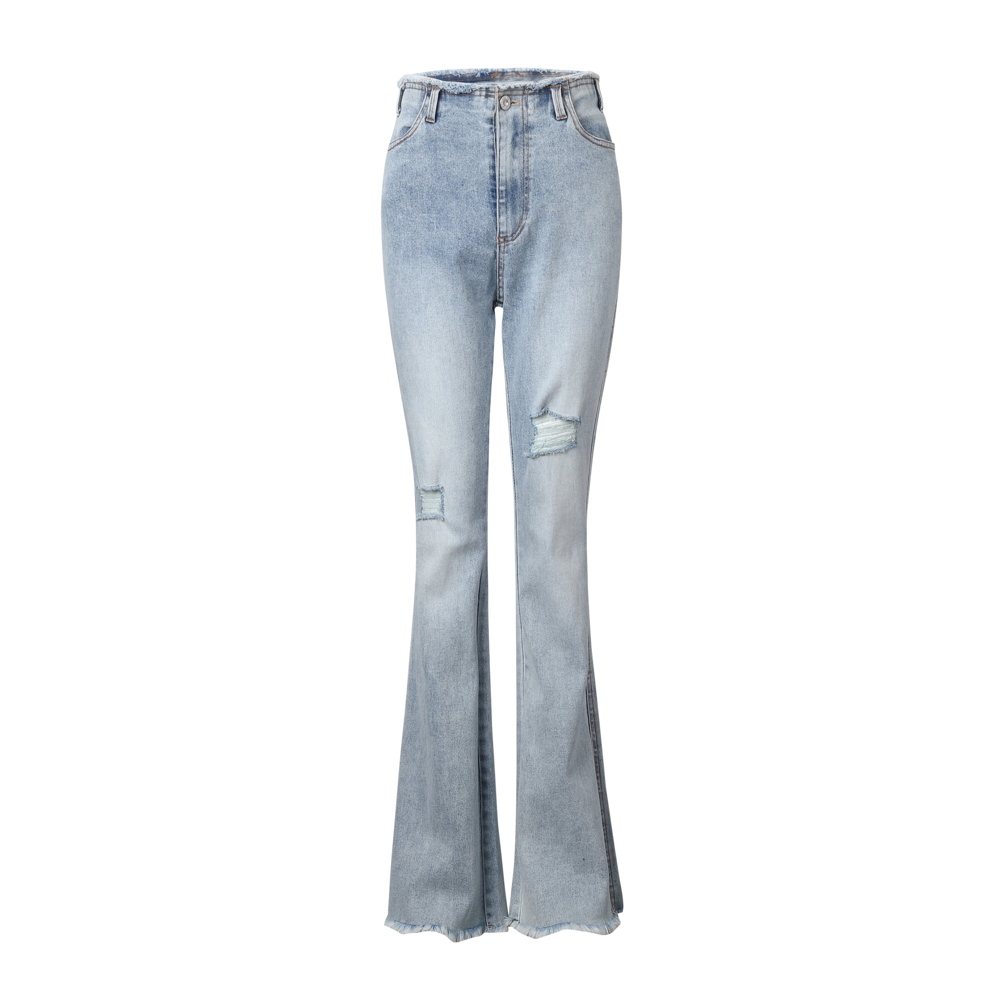 Blue Raw Cut Distressed Flared Jeans