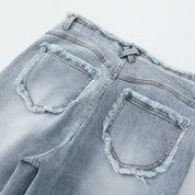 Blue Raw Cut Distressed Flared Jeans