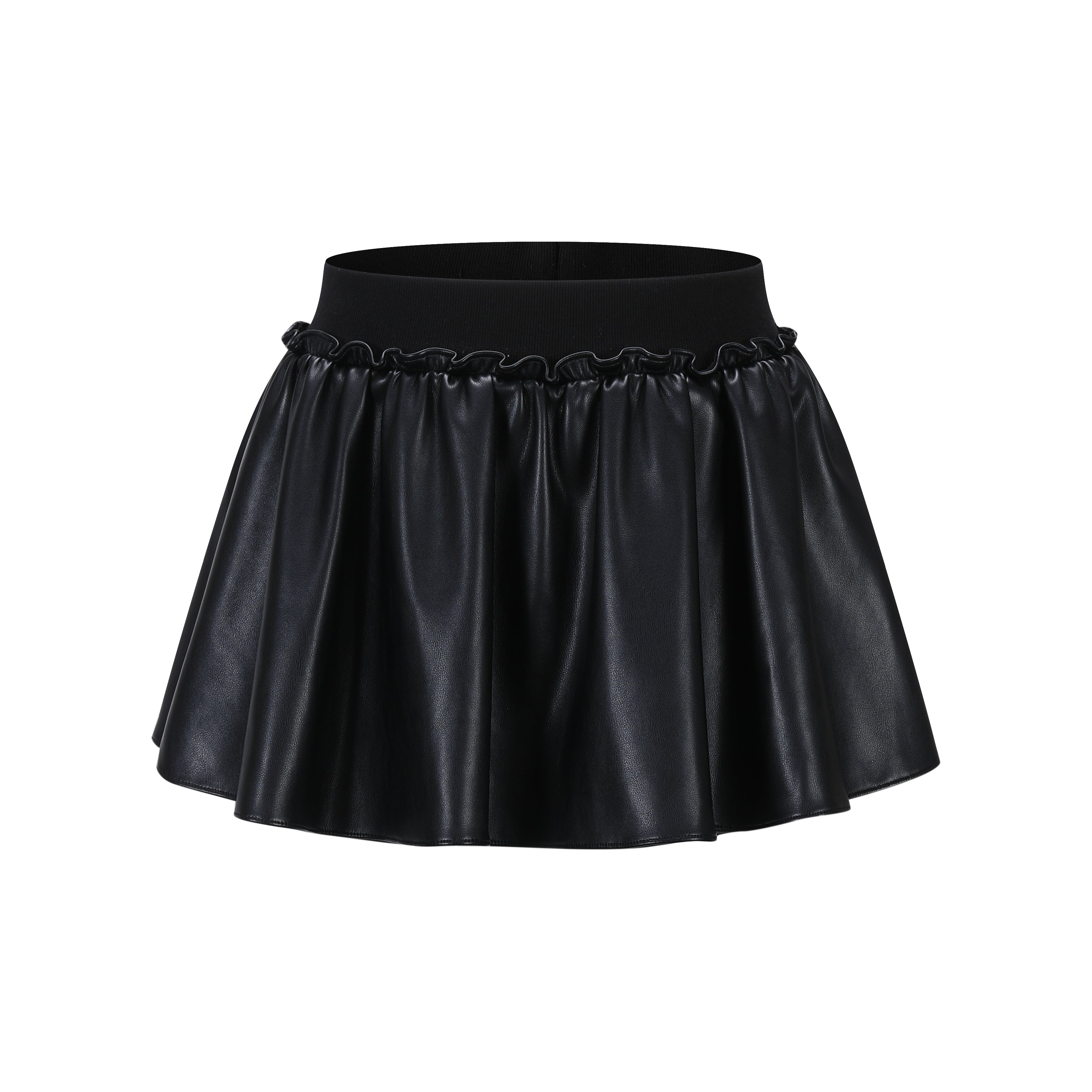 Black Elastic Leather Puffy Skirt