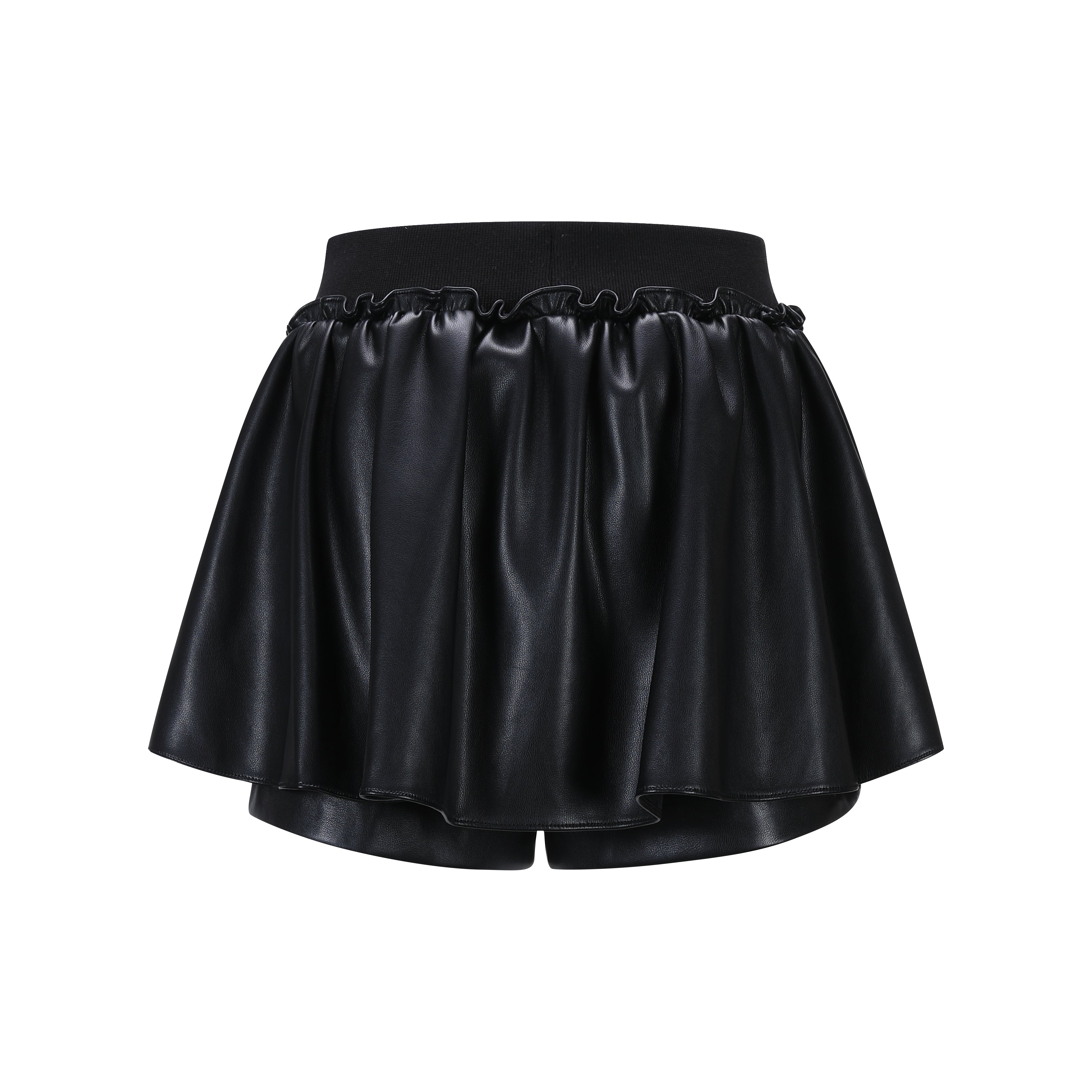 Black Elastic Leather Puffy Skirt