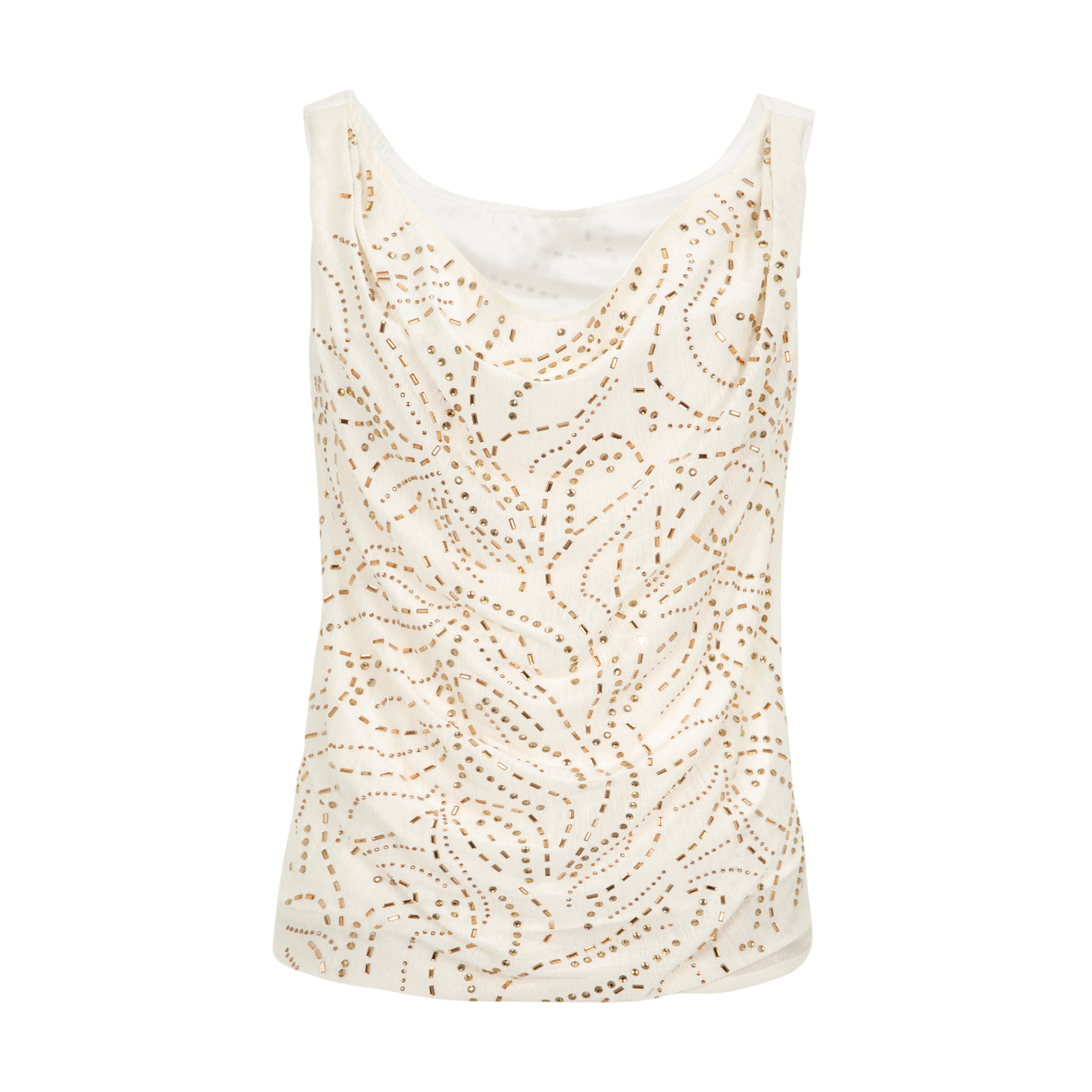 Beige Draped Neckline Gilded Pattern Rhinestone Top
