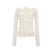 Beige Floral Wool Deconstructed Top